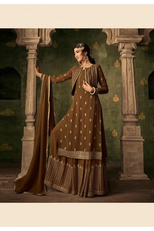 Brown georgette embroidered sharara suit with jacket  70006